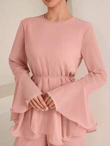 Graceveil Dusty Pink Round Neck Flared Sleeve Loose Fit Skirt, Women's 2 Pieces Set For Daily Wear Brunch Autumn Modest Elegant Brunch Tea Party - Pink - View 4