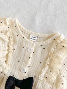 SHEIN Vintaside Kids 女嬰棉麻波點洋裝，可愛荷葉邊飾蝴蝶結長袖前開鈕扣 A 字裙，新生兒嬰兒波希米亞公主禮服 - 杏色 - 查看 5