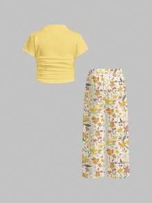 Young Girl Vintage Sweet Lemon Yellow, Pastoral Floral Style, Sister & Matching Outfit, 2pcs/Set: Ruched High Neck Fitted Top Paired With Wide Leg Pants - Multicolor - View 2