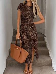 SHEIN LUNE Knitted Leopard Print Elegant Sexy Daily Wear Waist Twist High Slit Sleeveless Midi Dress For Women Going Out Brown Summer - Multicolor - View 4