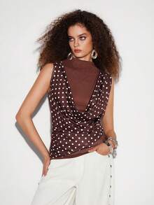 Lumivelle Top sans manches en patchwork de maille à pois marron foncé, design à col montant avec volants, coupe cintrée affinante, t-shirt sans manches élégant style mature pour fille à la mode - Tabac - Voir 4
