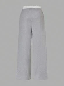 SHEIN Sparklyn Teen Girls Wide Leg Lace Patchwork Drawstring Waist Pocket Casual Sweatpants, Fall, Minimalist, Back To School, Outfit - Light Grey - View 2
