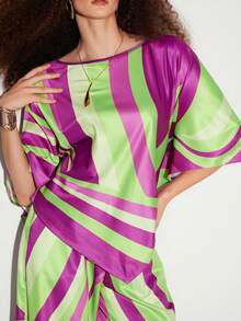 SHEIN Zanirela Women's Fashion Colorblock Print Asymmetrical Hem Top - Purple - View 5