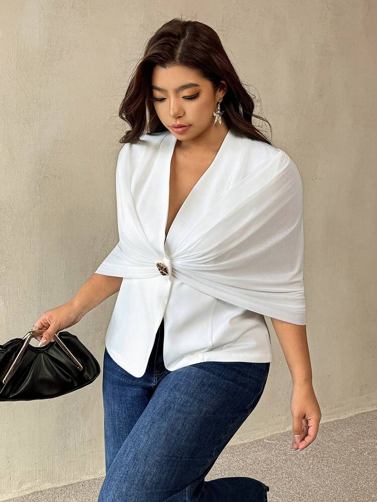 Auralis Plus Size Women's Metal Decor Pleated Elegant Design Blazer - White - View 6