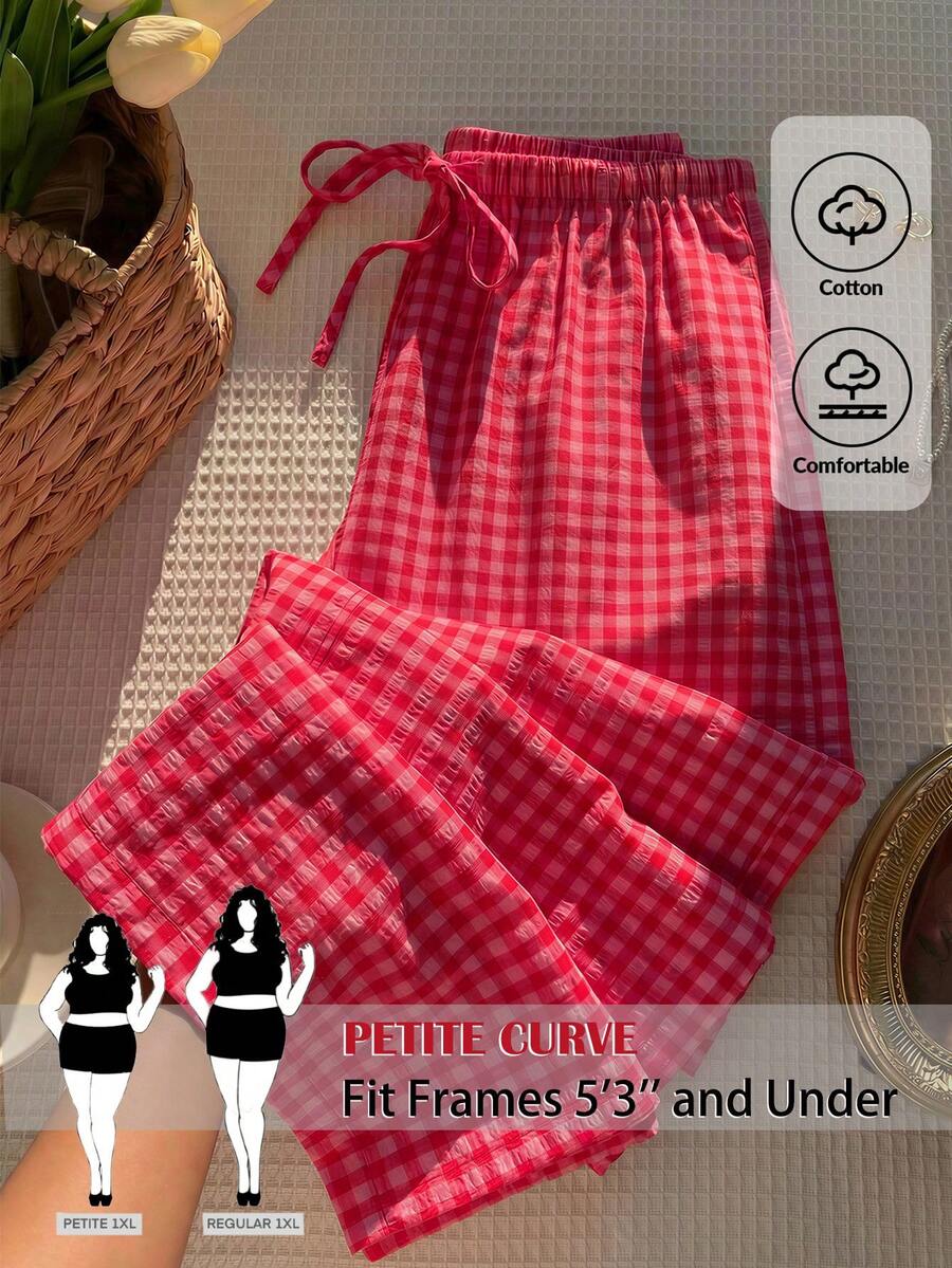 SHEIN PETITE CURVE 大尺碼女款洋紅色格紋寬腿長褲,附腰部繫帶 - 紅色 - 查看 1