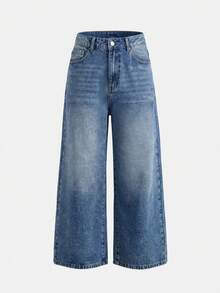 lacRébo High Waist Wide Leg Cropped Denim Jeans Washed Distressed French Style Streetwear Casual Pure Cotton Holiday Aqua Blue Autumn Everyday - Dark Wash - View 6