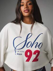 MISSGUIDED Soho New York 92 Graphic Print Cropped Oversized Crew Neck Short Sleeve Sweatshirt Top - White - View 2