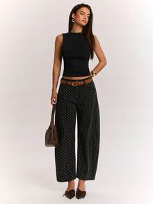 SHEIN BAE Women'S Polka Dot Pattern Pocket Tapered Casual 80s Retro Streetwear Denim Jeans Fall Clothes Teacher Pants Daytime Holiday Going Out Everyday Date - Black - View 3