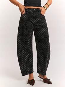 SHEIN BAE Women'S Polka Dot Pattern Pocket Tapered Casual 80s Retro Streetwear Denim Jeans Fall Clothes Teacher Pants Daytime Holiday Going Out Everyday Date - Black - View 6