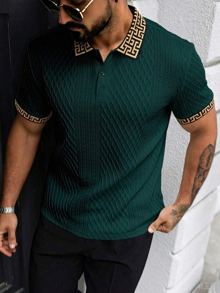 EGENSIO Men's Knitted Jacquard Textured Geometric Pattern Print Contrast Color Button Half-Placket Polo Shirt - Dark Green - View 1