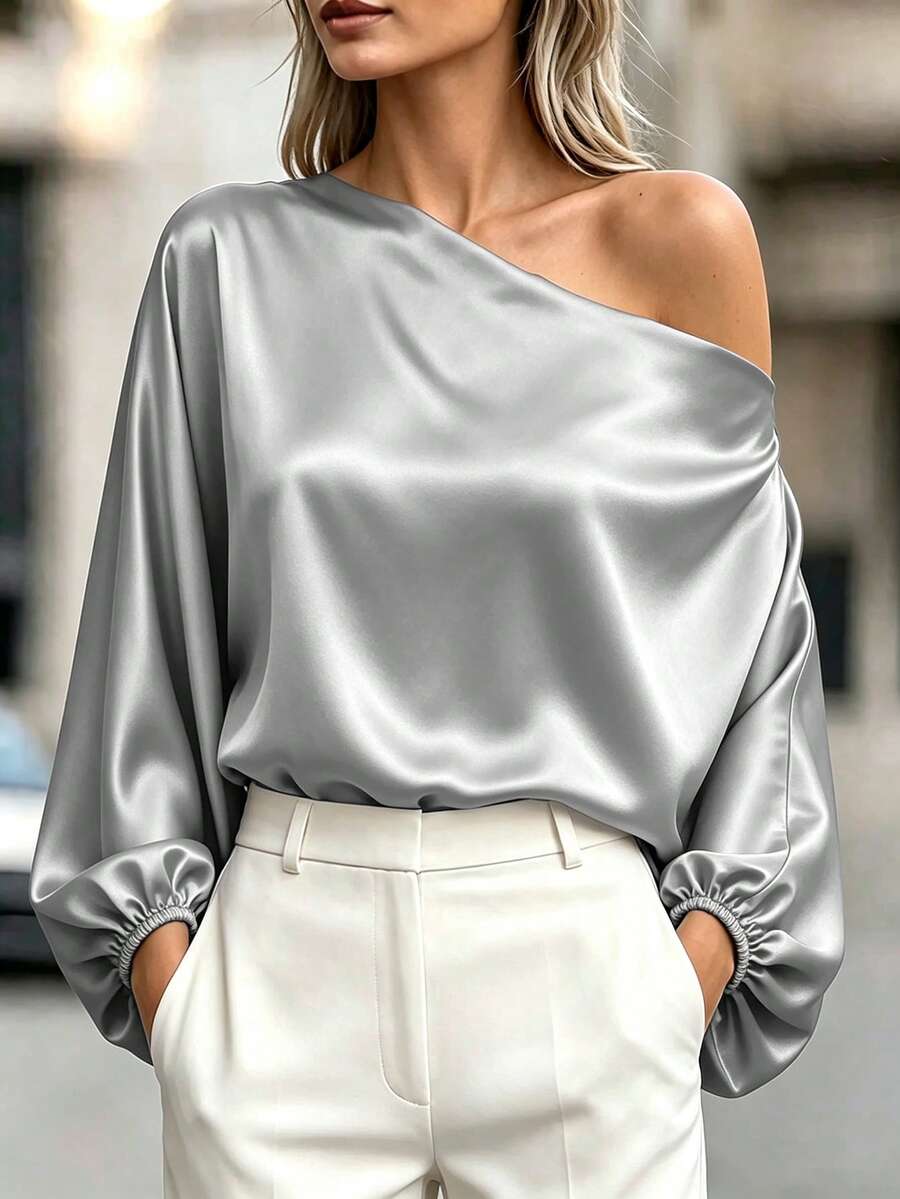SHEIN 女款素色單肩休閒百搭日常旅行襯衫 - 灰色 - 查看 1