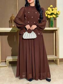 Modelyn 大尺碼女款人造珍珠裝飾時尚派對與休閒洋裝 - 咖啡棕 - 查看 2