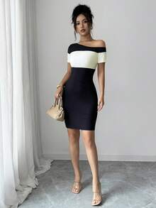 SHEIN Elenzya Women's Asymmetric Shoulder Colorblock Casual Sexy Daily Wear Dress Date Night Night Out Black And White Summer - Multicolor - View 7