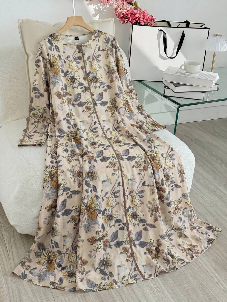 Al Najma Floral Pattern Round Neck Long Sleeve Elegant Arabian Dress - Blue - View 1
