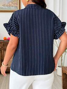 Weeklong Plus Size Classic Blue Striped Beach Commute Elegant Casual French Style Button Cardigan Shirt - Navy Blue - View 2