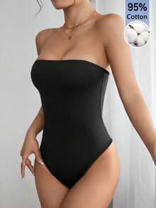 SHEIN PETITE 純色抹胸夏季時尚女款連身衣 - 黑色 - 查看 4
