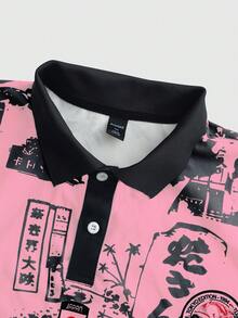 ROMWE MEN Anime Men's Streetwear Japanese Print Polo Shirt, Suitable For Spring And Summer - Red - View 3
