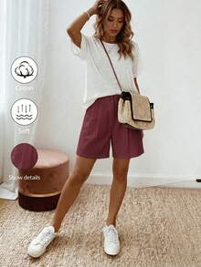 Balvessa Summer Casual Solid Color Loose Shorts - Burgundy - View 5