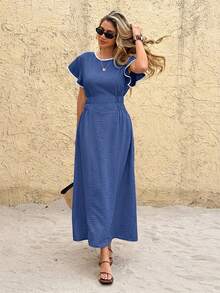SHEIN Frenchy Women's Piped Round Neck Ruffle Short Sleeve Elegant Mid-Length Dress - Blue - View 4