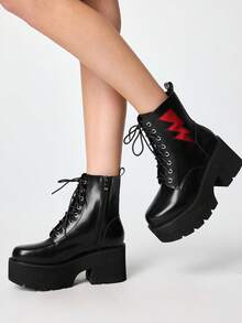ROMWE Grunge Punk 女款龐克復古粗跟坡跟厚底靴哥德風紅色閃電時尚側拉鍊繫帶包頭夜店派對機車騎士靴 - 啞黑 - 查看 3