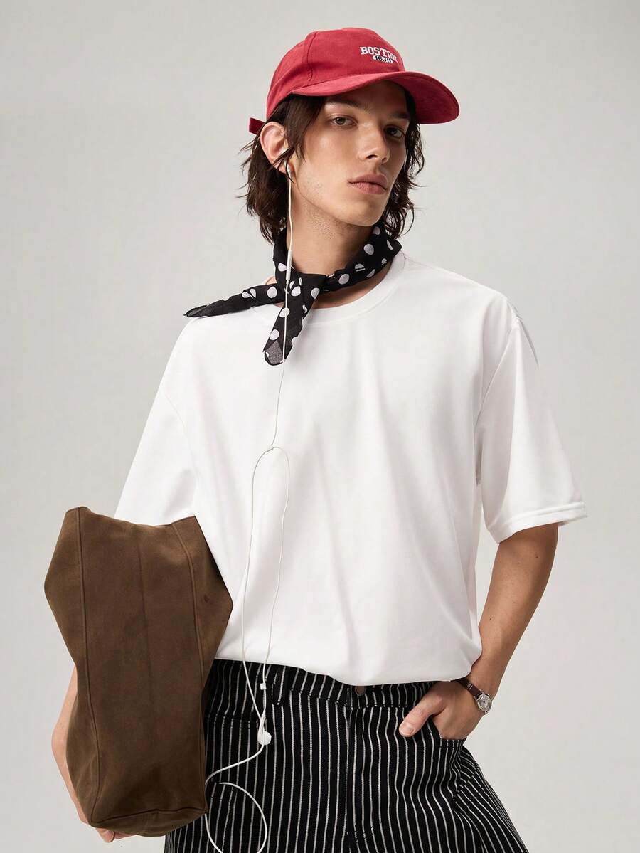 Vaulklash Loose Fit Men's Solid Color Round Neck Short Sleeve Casual T-Shirt - White - View 1
