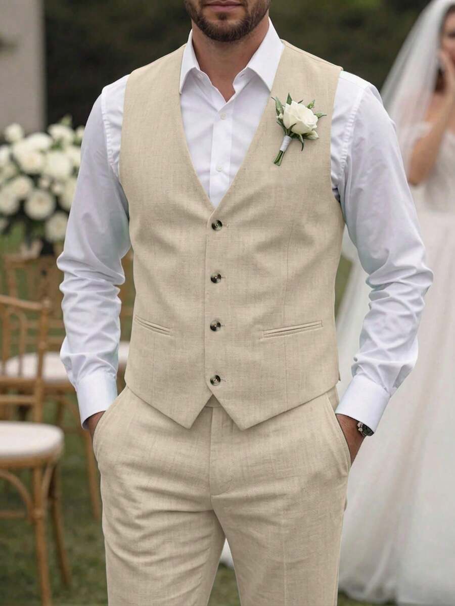 Manfinity Mode 男士純色背心與長褲套裝 婚禮正裝套裝 男士正式服裝 婚禮套裝 - 杏色 - 查看 1