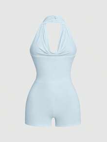 Sweetra Plus Size Women Black Knit Fitted Elastic Jumpsuit Short Romper With Multiple Wear Styles, Elegant Cowl Neck, Gentle Off-Shoulder, Commuter Asymmetric Shoulder, Sleeveless, Waist-Cinching, Soft Comfortable Inclusive Fit - Baby Blue - View 6