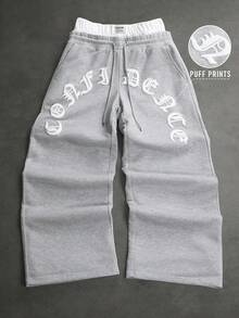 SLATEMANN Men's Letter Embossed Drawstring Waist Loose Wide Leg Sweatpants - Grey - View 3