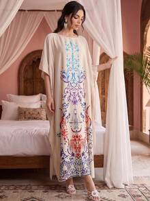 Jahmira Elegant Printed Faux Silk Oversized Women's Nightgown - Apricot - View 3
