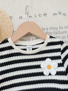 SHEIN Baby Girl Knit Striped Round Neck 3D Floral T-Shirt And Long Pants 2 Pieces Set - Black - View 6
