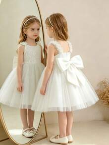 Glamorique Kids 女童花朵肩帶露背網紗公主裙，花童生日派對禮服，嬰兒女寶寶蕾絲秋季洋裝 - 白色 - 查看 4