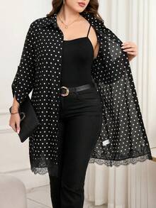 Reflora Plus Size French Fashion Polka Dot Print Lace Patchwork Button Shirt - Black and White - View 5