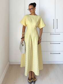 SHEIN Tall CURVE Plus Size Women's Cream Yellow Elegant Romantic Jacquard Waist-Cinched Long Dress, Summer Party Vacation - Yellow - View 5