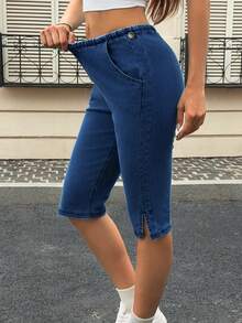 Flexra 女款街頭時尚口袋開衩牛仔褲 - 藍色 - 查看 4