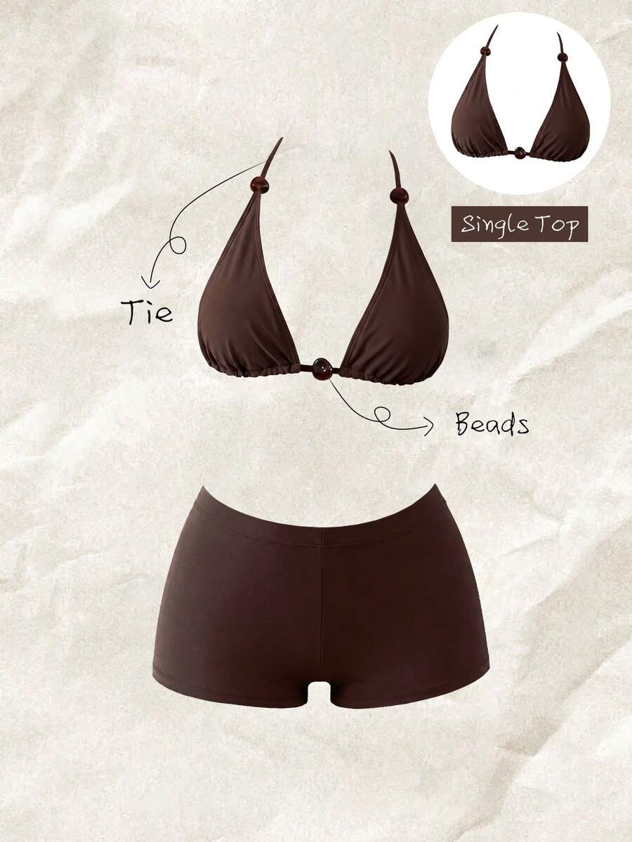 Elavelle Top de bikini de unicolor con cuello halter para mujer, primavera/verano - Negro - Ver 1
