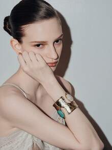 Noxbound A Bohemian Gothic Western Denim Exaggerated, Asymmetric Bracelet - Turquoise powder crystal bracelet - View 5