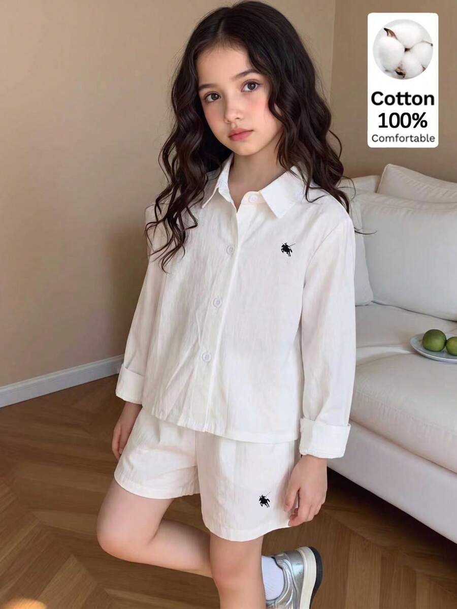 SHEIN Elladie kids 2件組少女不對稱領長袖襯衫,休閒學院風,適合四季穿著 - 白色 - 查看 1