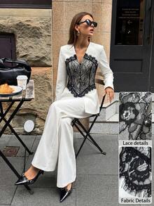 Modelyn Conjunto de traje elegante de mujer con cuello en V, patchwork de color contrastante y encaje, para primavera/verano - Multicolor - View 8
