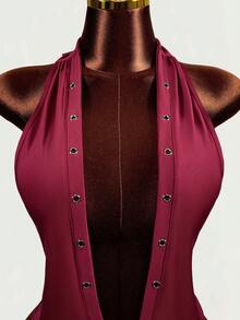 BamGleam 2026 Spring/Summer New Sexy Deep Draped Neck Cowl Neck Eyelet Knot Elastic Knit Bodysuit For Party And Date - Burgundy - View 5