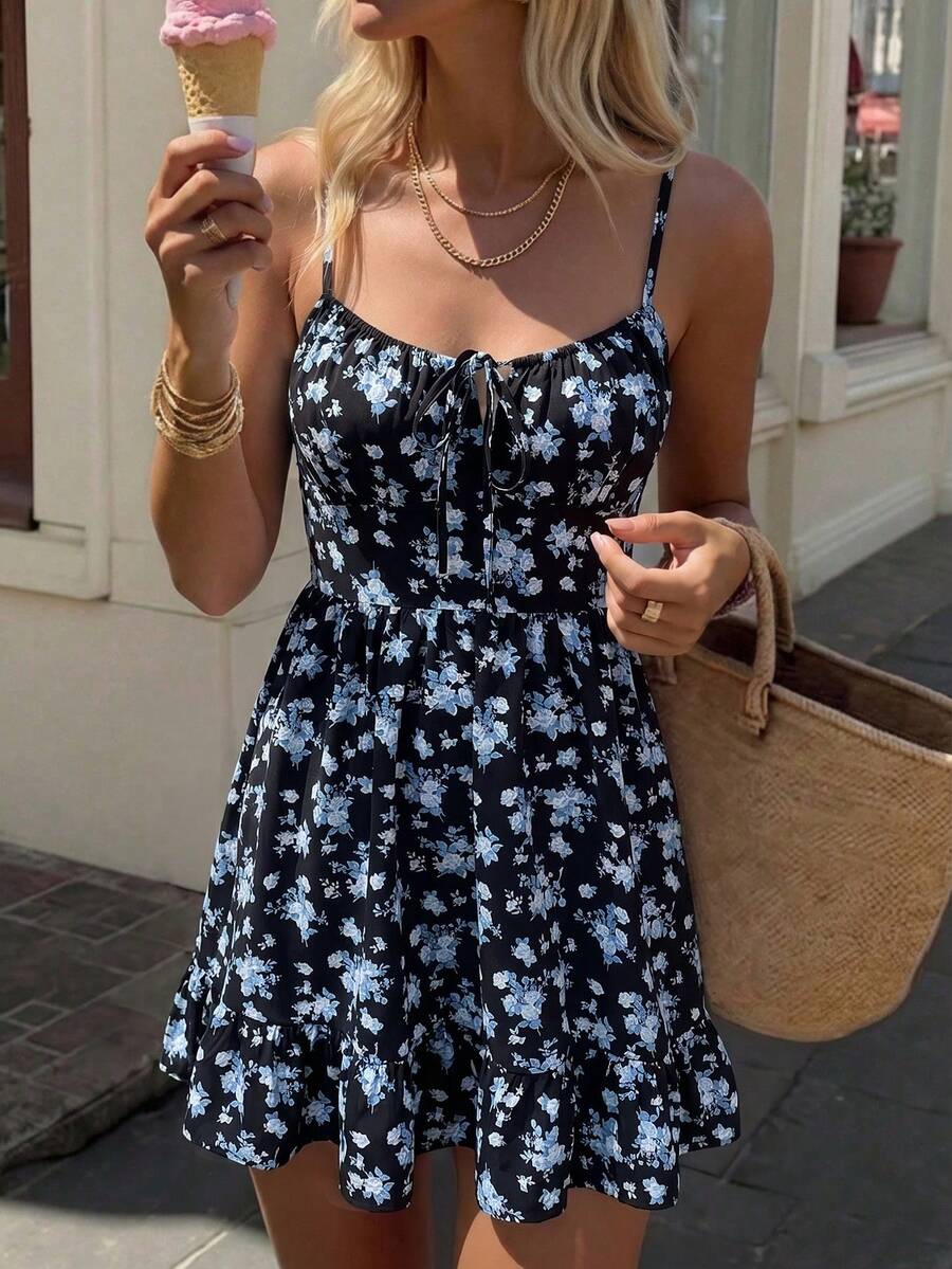 Serisse Women's Floral Print Front Tie Strap Mini Dress For Vacation Vacation Black Floral Summer Boho - Multicolor - View 1
