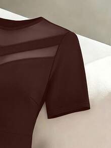 GlowEve CURVE Plus Size Elegant Premium Mesh Patchwork Short Sleeve A-Line Dress For Women - Brown - View 3