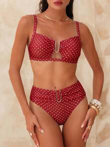 Swim Chiccia 女款紅白色波點比基尼套裝，70年代復古高腰兩件式泳衣，附金色U型裝飾，夏季度假泳池派對穿搭 - 紅色 - 查看 6