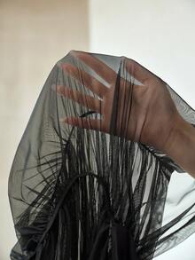 MOTF PREMIUM MINIMALIST CONTRAST MESH SHEER PLEATED T-SHIRT - Black - View 8