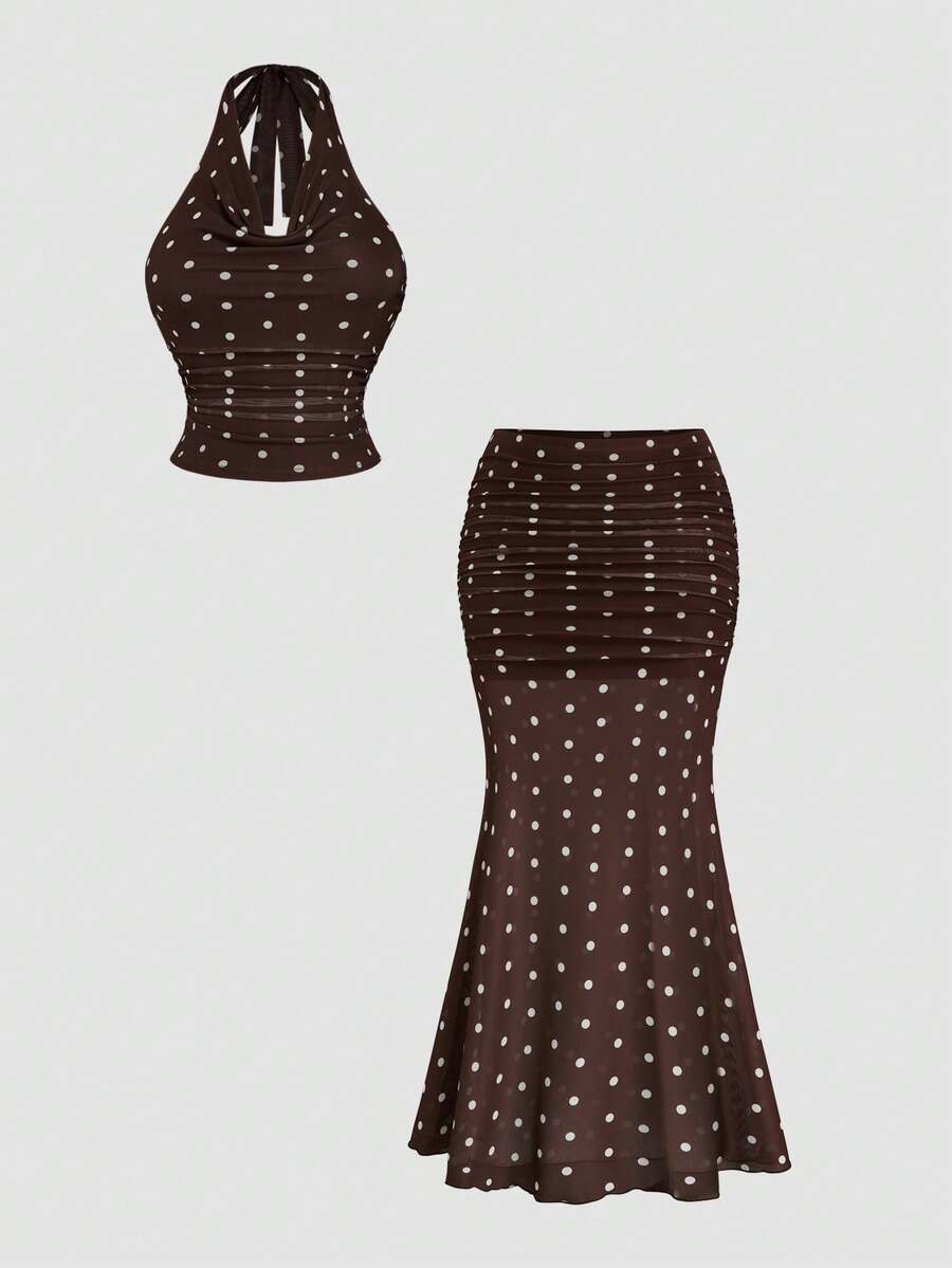 Sweetra Damen 2-teiliges Set: Spaghettiträger-Cowl-Neck-Pullover-Camisole-Top & figurbetonter Rock mit Polka-Dot-Blumenmuster und Meerjungfrauen-Saum, eleganter Vintage-Urlaubsstil - Kaffeebraun - Übersicht 1