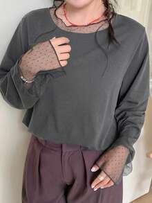 Dazy Plus Camiseta holgada y versátil de unicolor con parches, tela de malla de lunares transparente - Gris - Ver 7