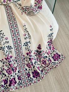 Modelyn Gaun Elegan Lengan Panjang Motif Bunga untuk Wanita - Purple - View 5