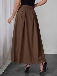 Modelyn Decorative Buckle Pleated Solid Color Elegant Skirt - Brown - View 7