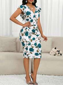 SHEIN Lady 女士优雅印花修身中长连衣裙，夏季 - 彩色 - 查看 6