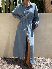 Livesso Summer Autumn Collared Long Sleeve Button-Up Waist-Cinching Light Blue Solid Color Women's Denim Dress Vacation - Blue - View 8