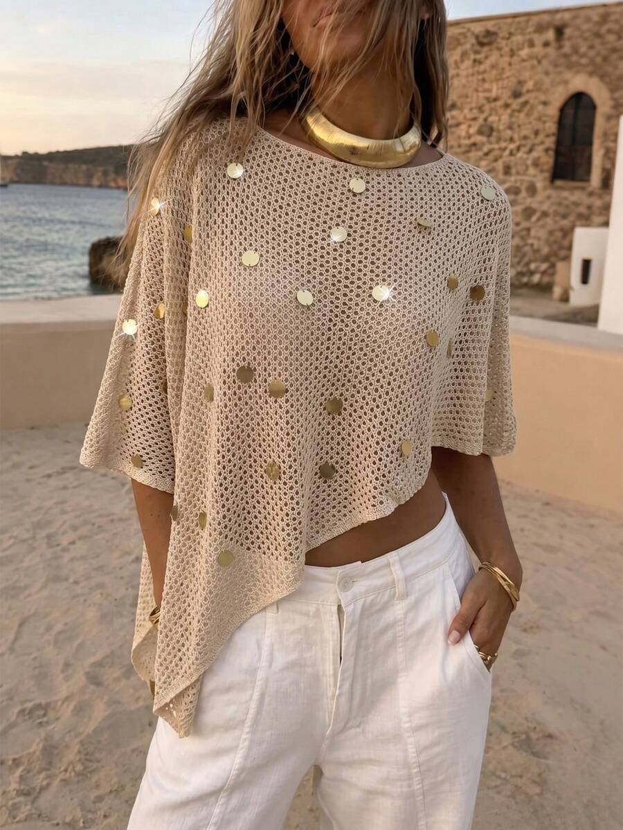 Flora Isola Flora Isola Nuovo top estivo casual ed elegante da donna, a tinta unita, con scollo rotondo piccolo, scialle, paillettes, lavorato a maglia traforata, adatto per vacanze, spiaggia, feste, appuntamenti e festival musicali - Albicocca - Visualizzare 1
